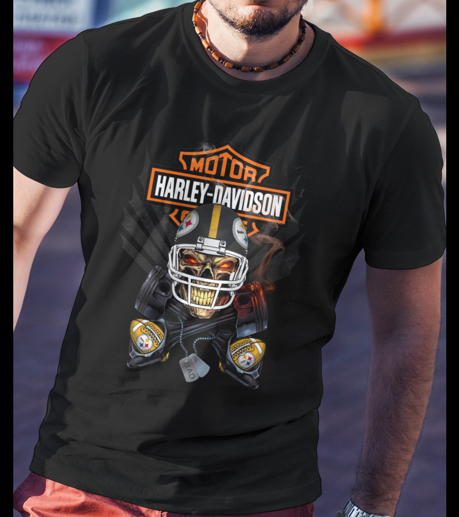 Harley Davidson Pittsburgh Steelers Skeleton Helmet Bad Dog Tags T-Shirt