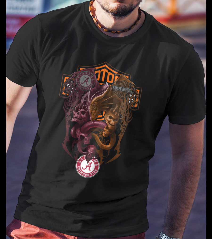 Alabama Crimson Tide Harley Davidson Skulls And Serpents T-Shirt