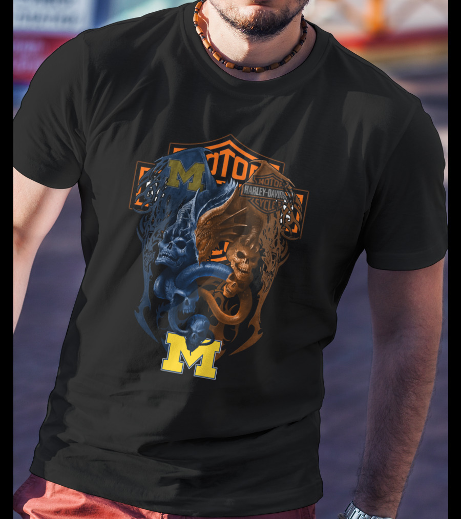 M Michigan Harley Davidson Skull And Dragon Crest T-Shirt