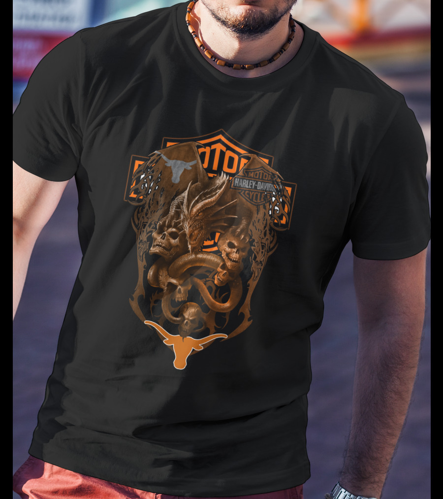 Harley Davidson Motorcycles Ncaa Texas Longhorns Skull Dragon T-Shirt