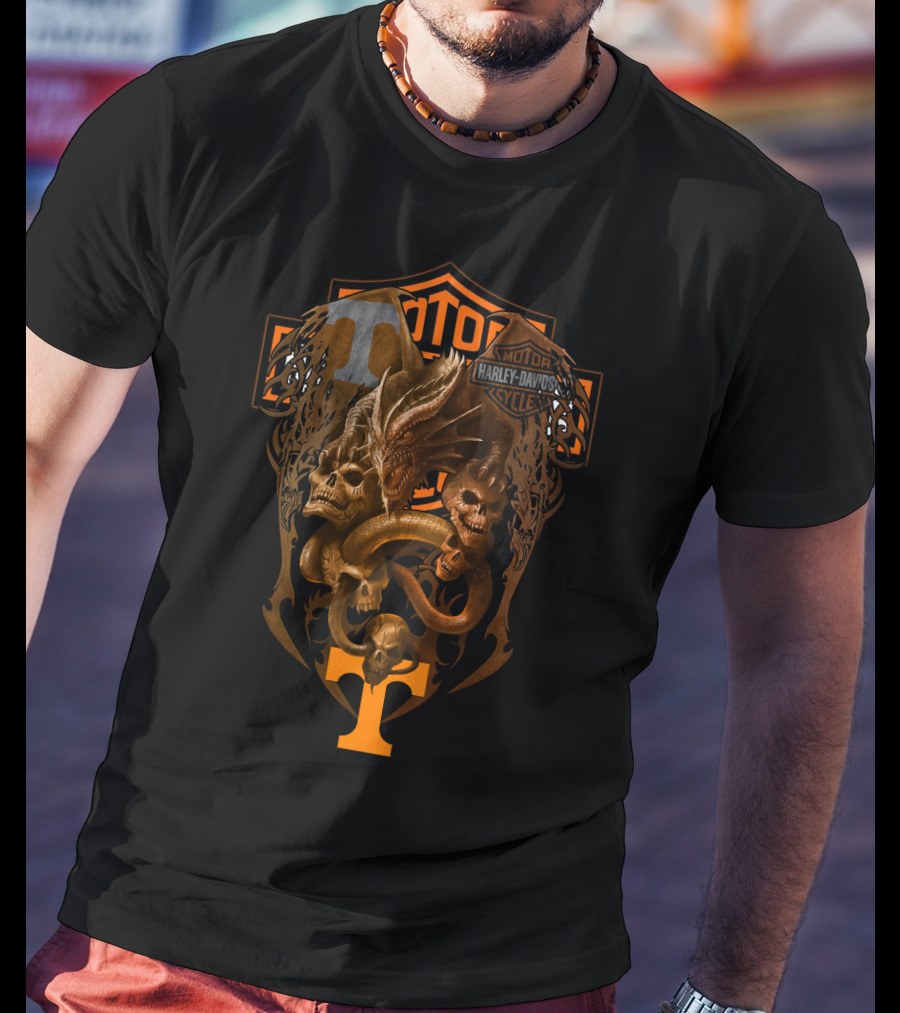 Harley Davidson Dragon Skulls And Serpent With Tennessee Vols Ncaa T-Shirt