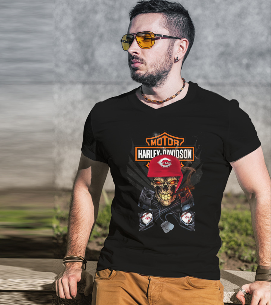 Harley Davidson Cincinnati Reds Skull And Pistons T-Shirt