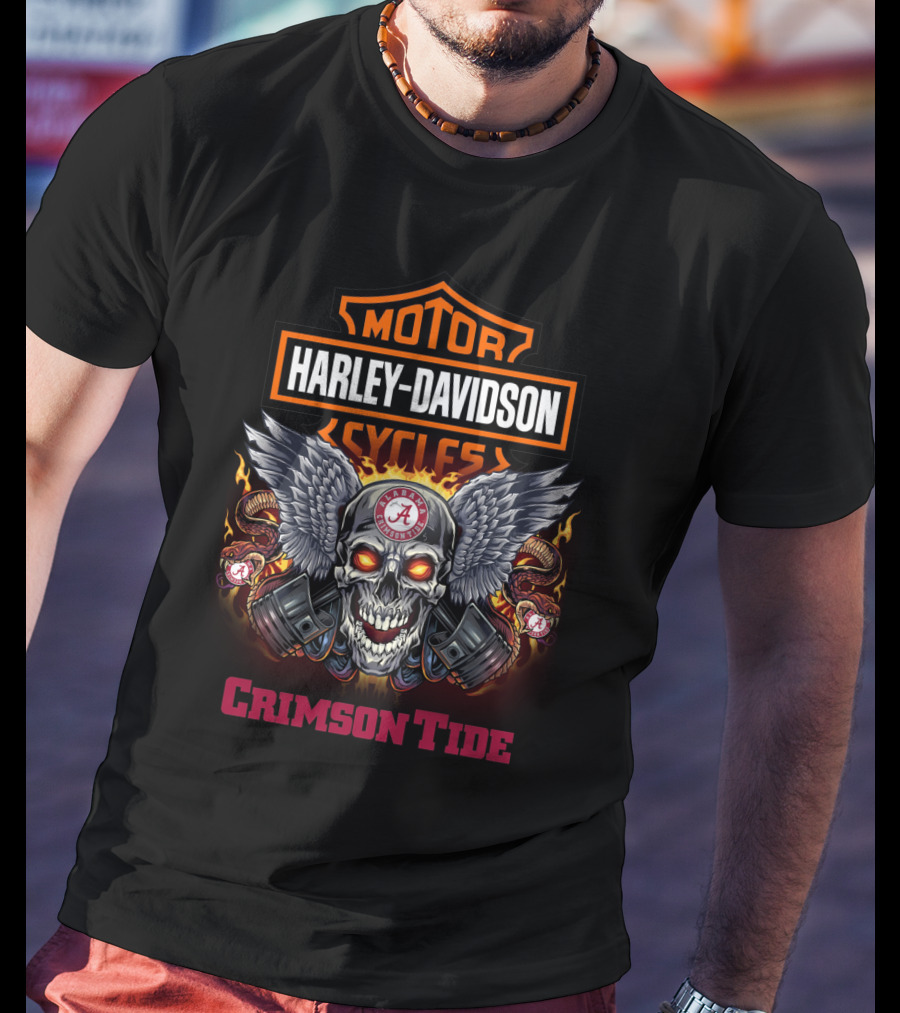 Harley Davidson Motor Cycles Crimson Tide Alabama Skull Wings T-Shirt