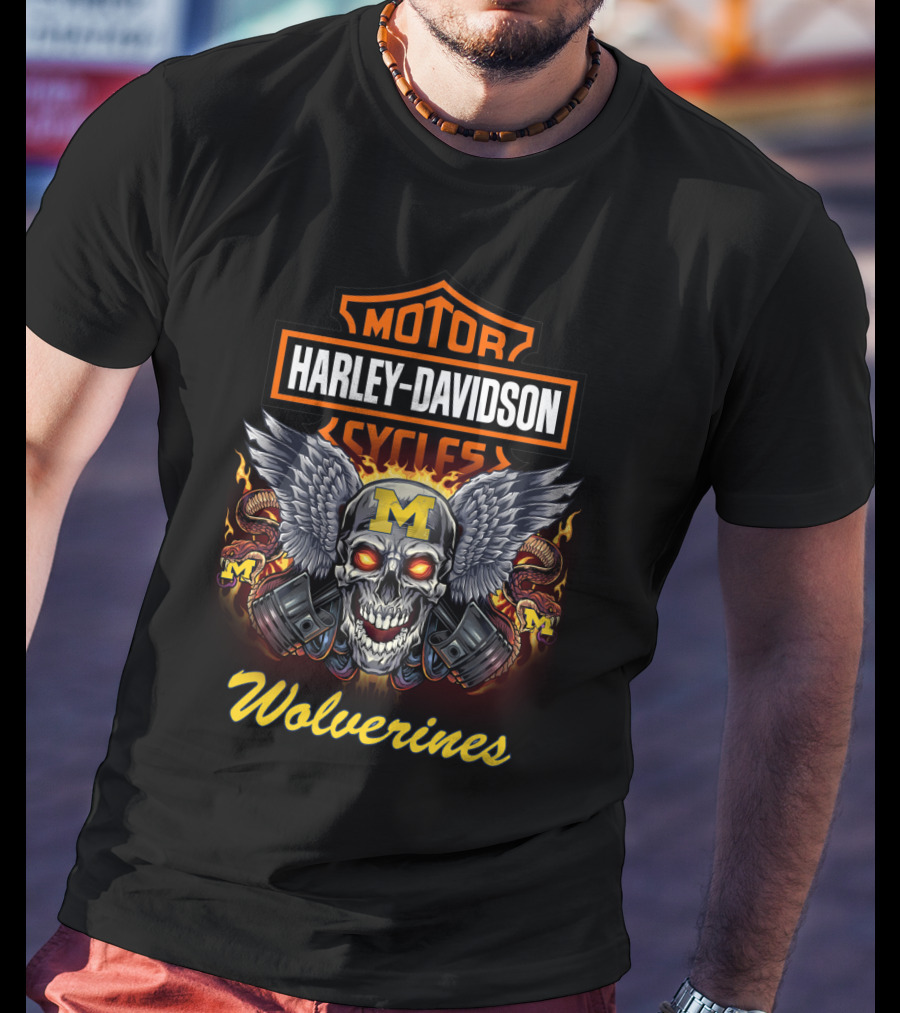 Harley Davidson Motor Cycles Michigan Wolverines Skull Wings T-Shirt
