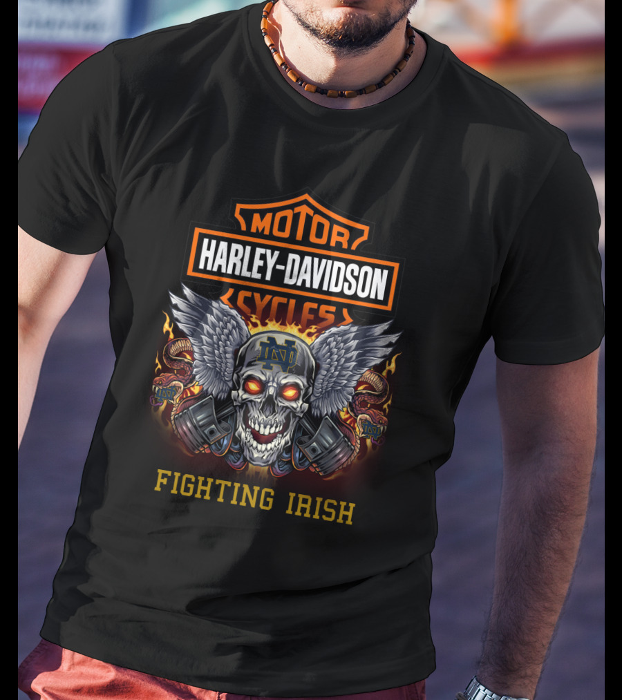 Harley Davidson Cycles Notre Dame Fighting Irish Skull With Wings And Engine Pistons T-Shirt