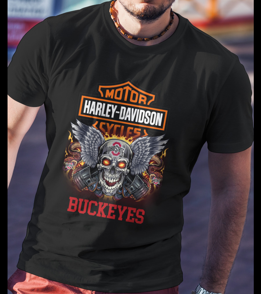 Motor Harley Davidson Cycles Ohio State Buckeyes Skull Wings T-Shirt