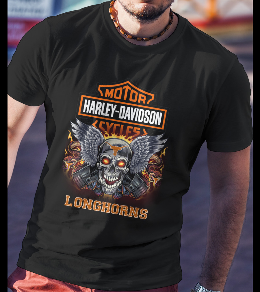 Harley Davidson Motor Cycles Longhorns Skull Wings Flame T-Shirt