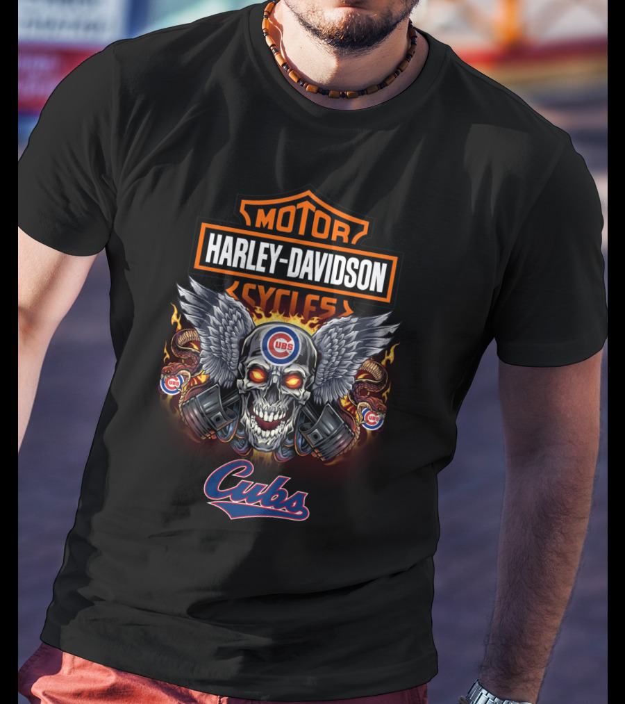 Harley Davidson Motor Cycles Chicago Cubs Skull T-Shirt