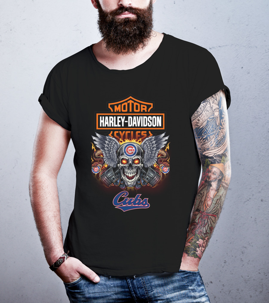 Harley Davidson Motor Cycles Chicago Cubs Skull T-Shirt
