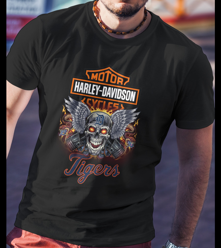 Harley Davidson Motor Cycles Detroit Tigers Skull Wings T-Shirt