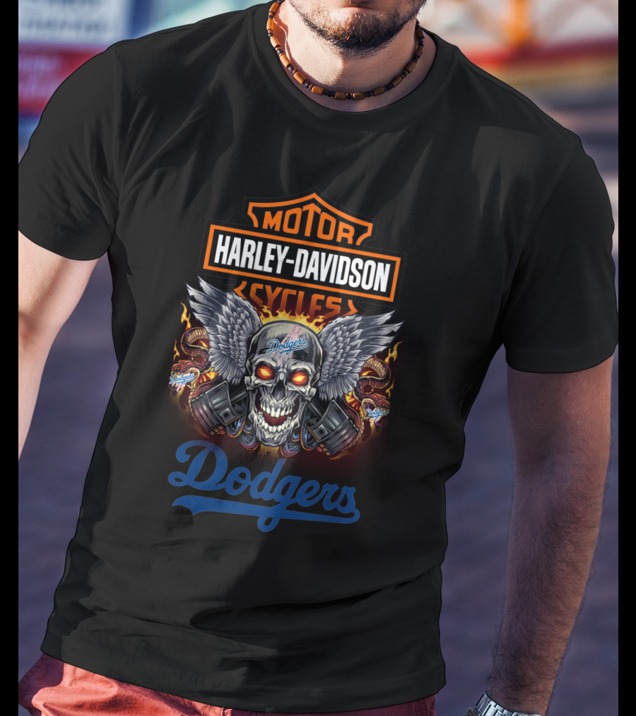 Motor Harley Davidson Cycles Dodgers Skull Wings Flames T-Shirt