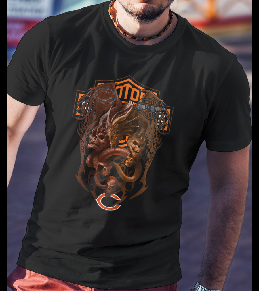 Harley Davidson Chicago Bears Dragon Skull Snake Crest T-Shirt