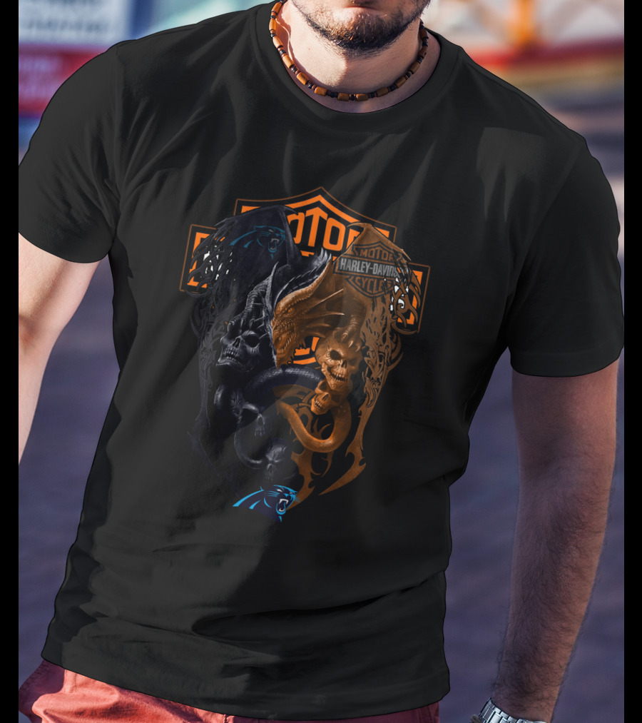 Carolina Panthers And Harley Davidson Skull Emblem Nfl Cp T-Shirt