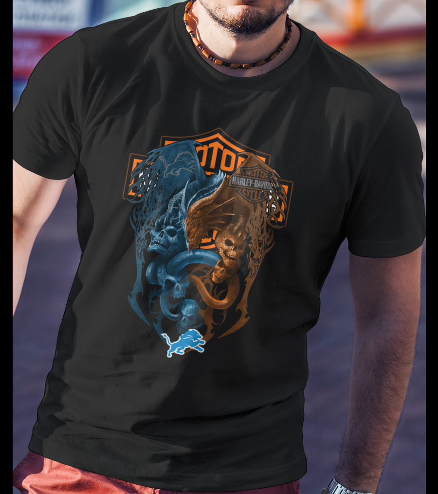 Harley Davidson Motorcycles Detroit Lions Dual Dragon Skulls T-Shirt