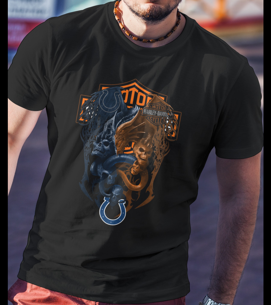 Harley Davidson Nfl Colts Fusion Skulls Serpent Motif T-Shirt