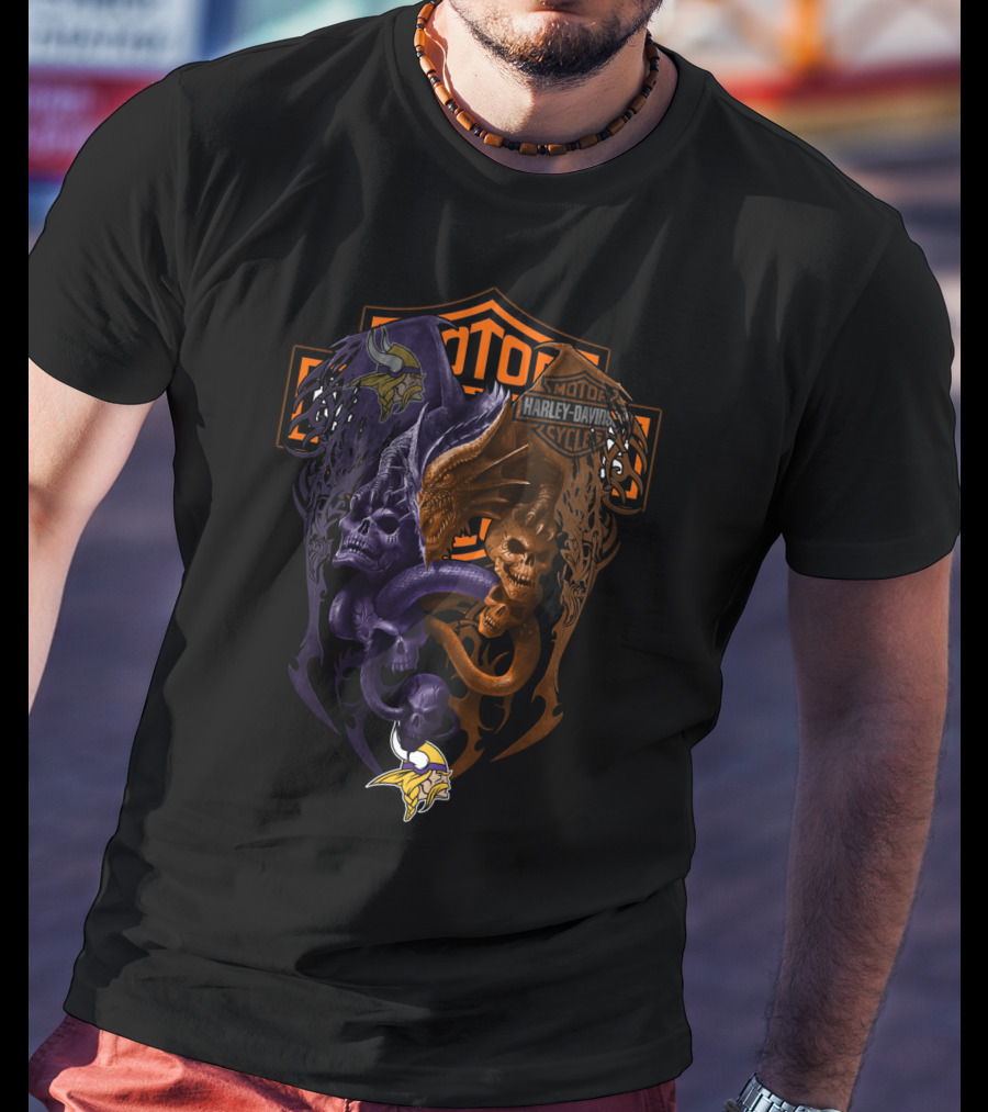 Minnesota Vikings Harley Davidson Skull Serpent Emblem 108 Nfl Mv T-Shirt