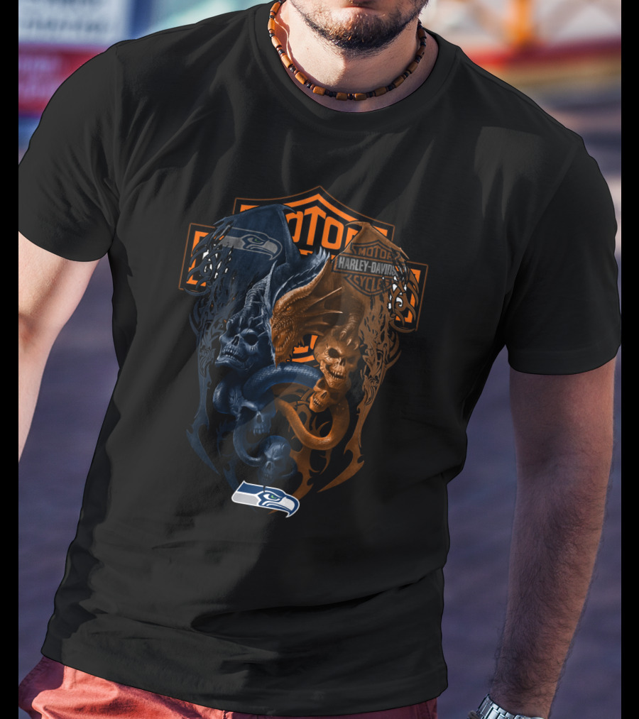 Seattle Seahawks Harley Davidson Dual Dragon Skull T-Shirt