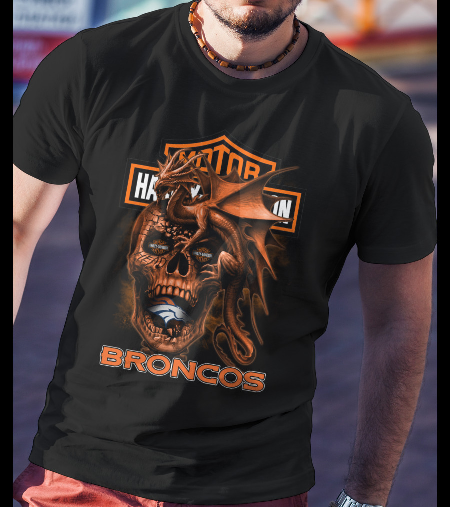 Motor Harley Davidson Cycles Denver Broncos Dragon Skull T-Shirt