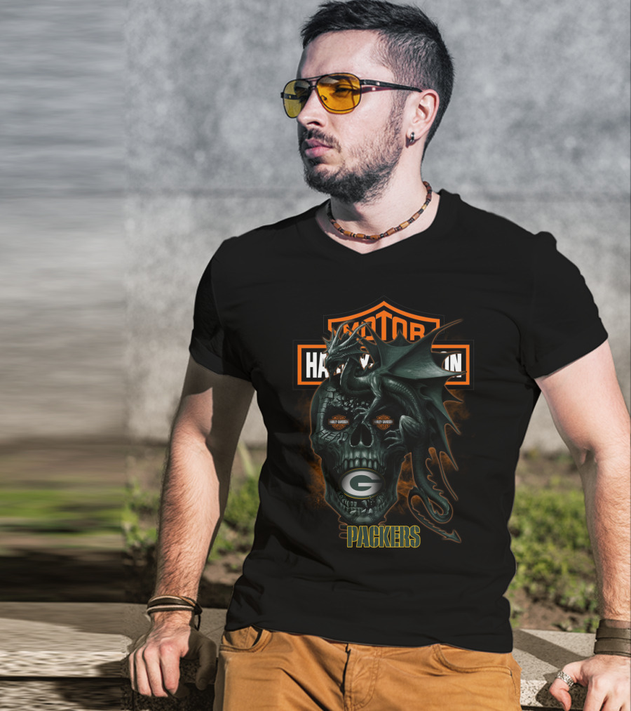 Green Bay Packers Harley Davidson Dragon Skull T-Shirt