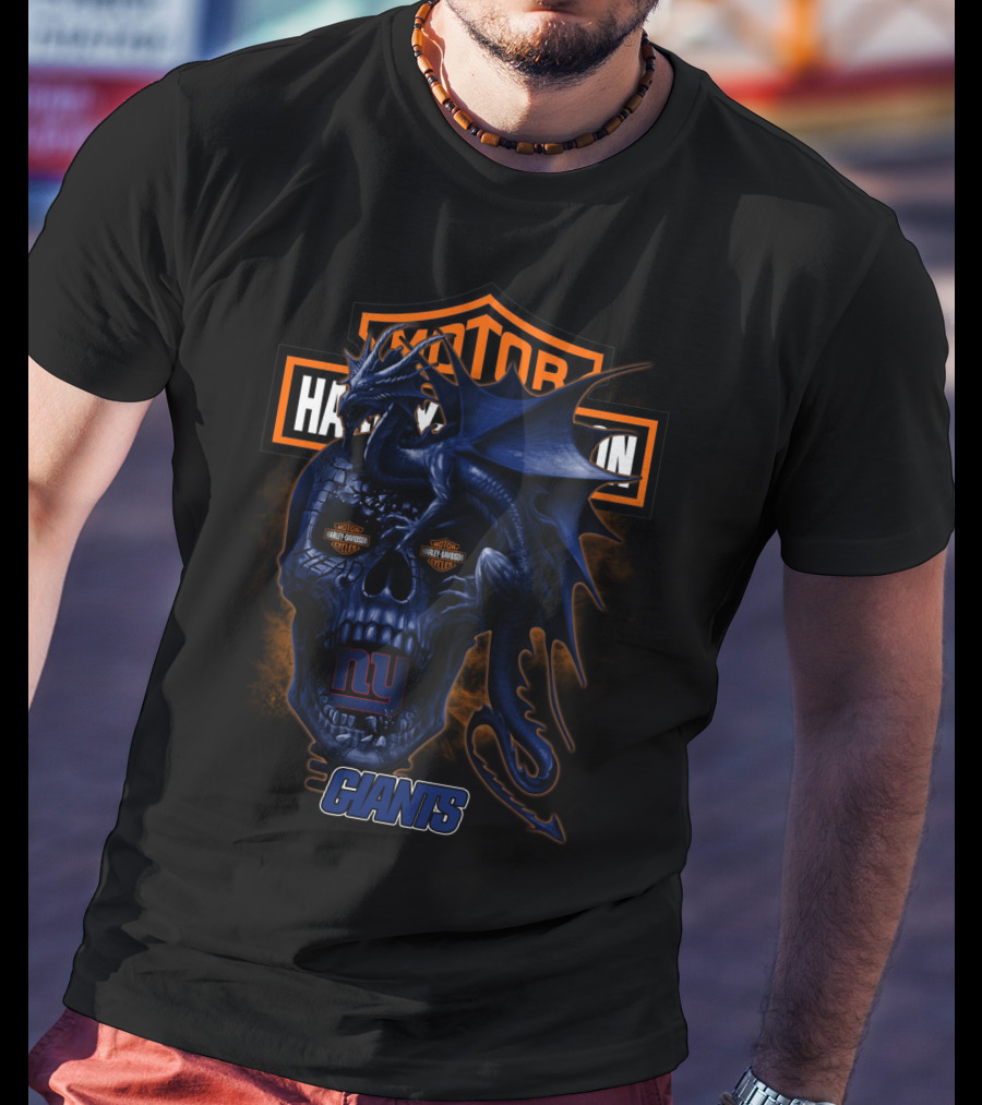New York Giants Blue Dragon Skull Harley Davidson T-Shirt