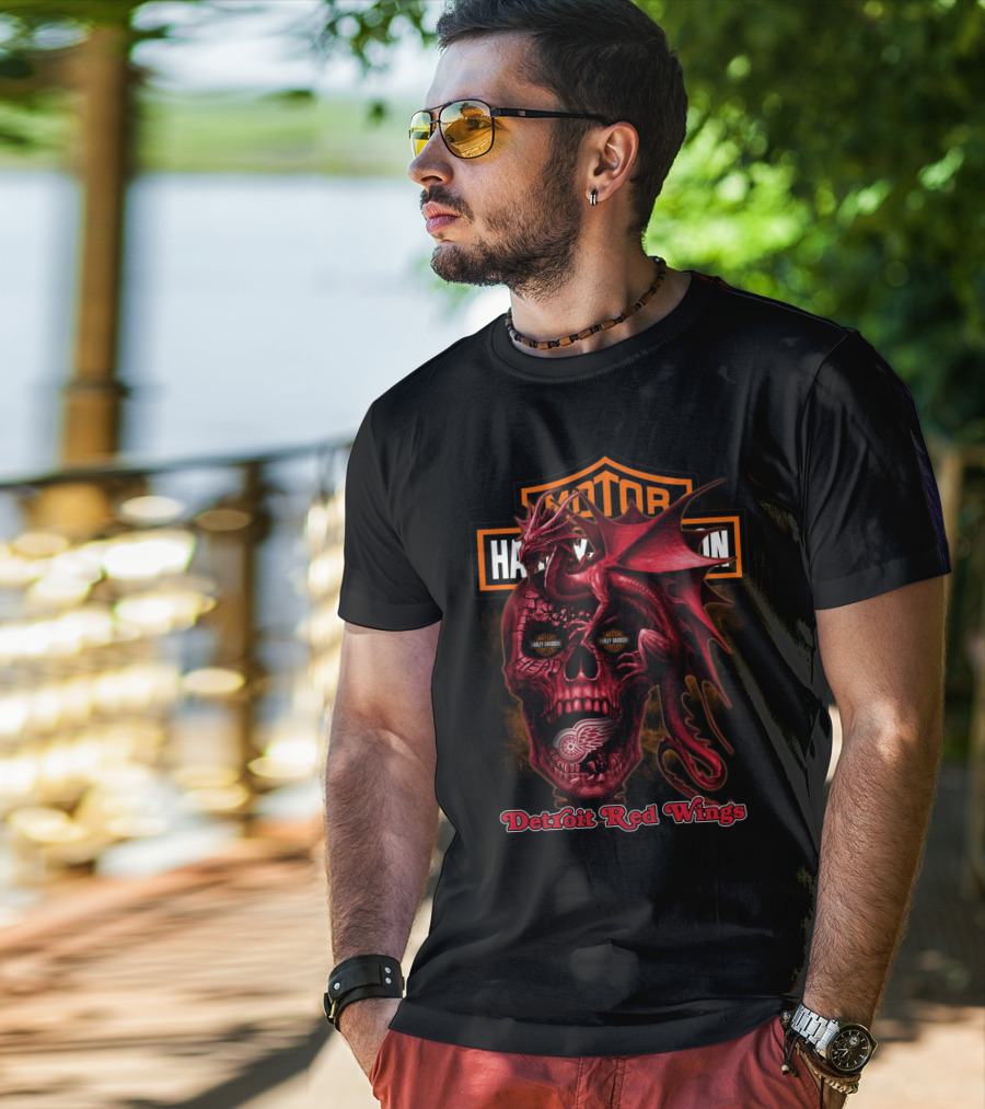 Detroit Red Wings Harley Davidson Skull Dragon T-Shirt