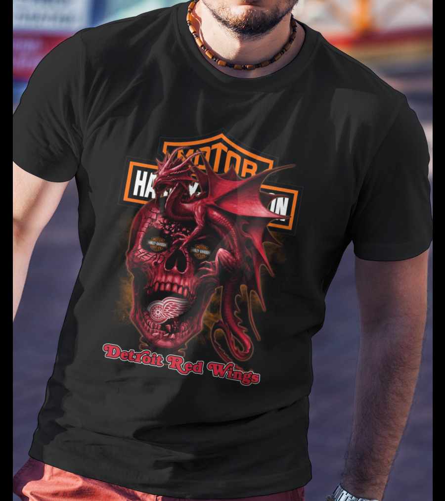 Detroit Red Wings Harley Davidson Skull Dragon T-Shirt