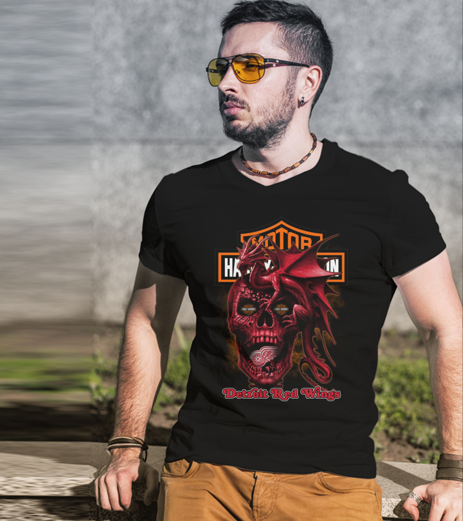 Detroit Red Wings Harley Davidson Skull Dragon T-Shirt