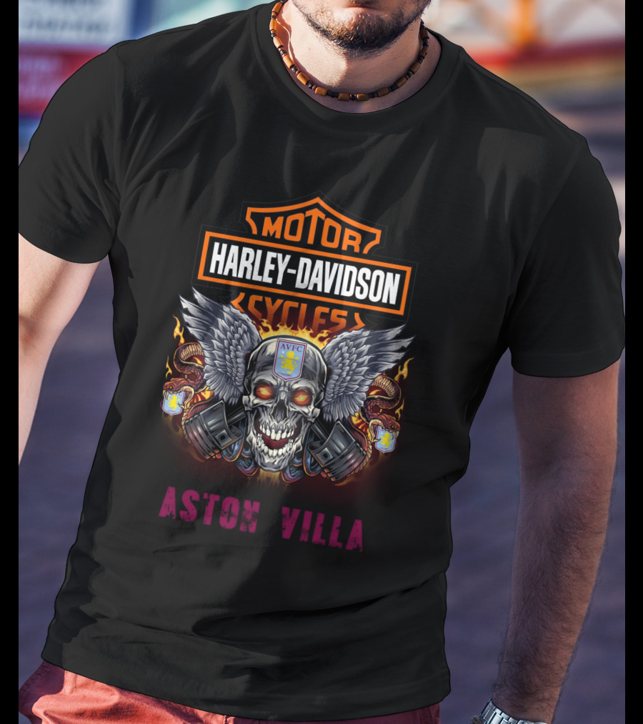 Harley Davidson Motor Cycles Aston Villa Avfc Skull Wings T-Shirt