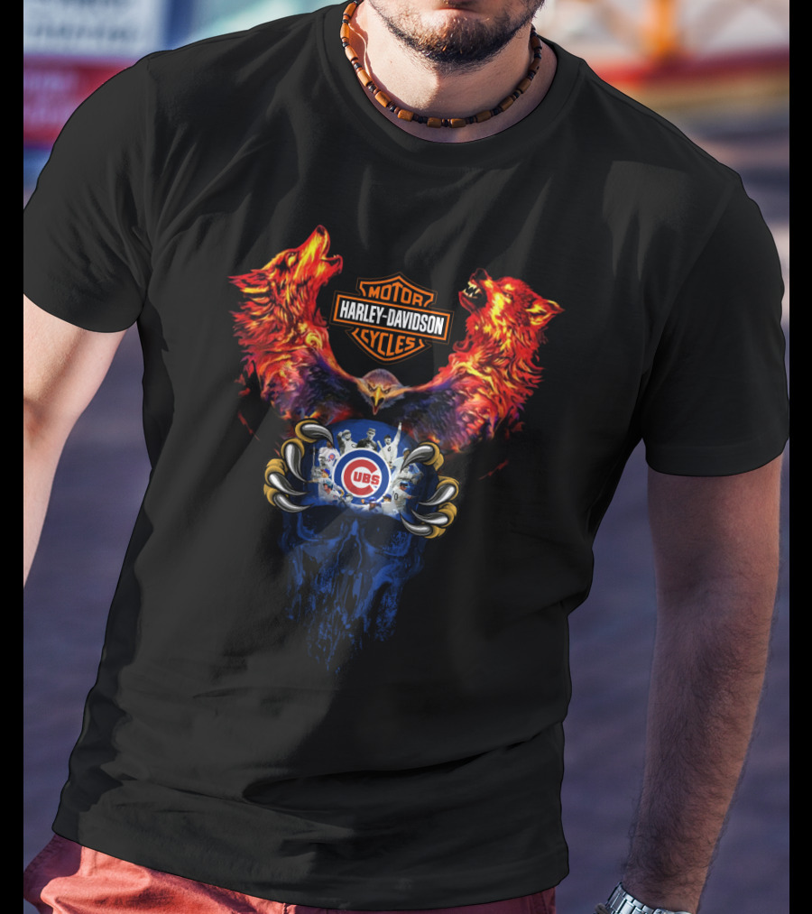 Harley Davidson Motorcycles Cubs Skull Wolf 121 Mlb T-Shirt
