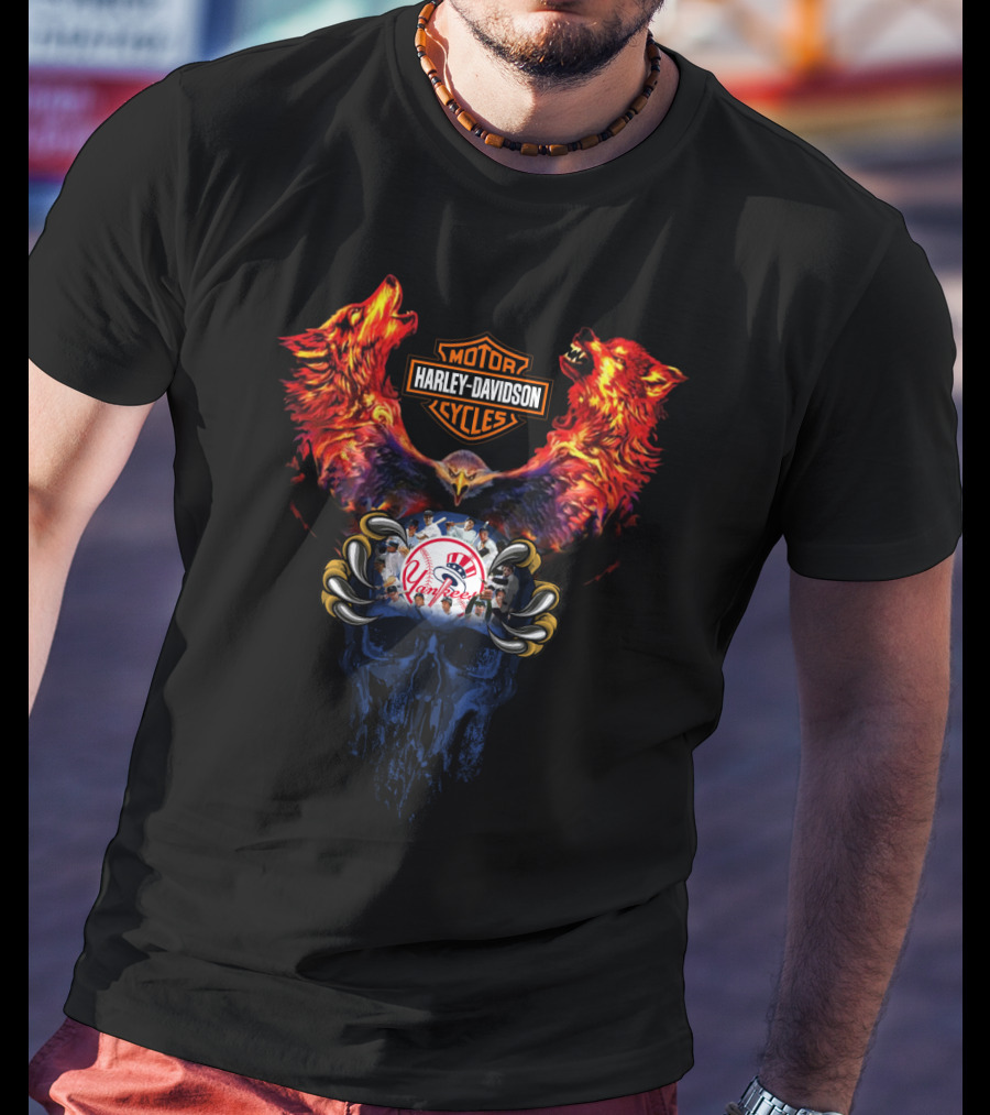 Harley Davidson Motorcycles Ny Yankees Mlb Wolf Skull T-Shirt