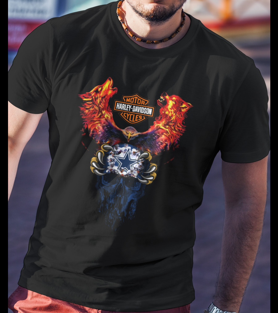 Harley Davidson Motor Cycles Cowboys Wolf Eagle Football Skull T-Shirt