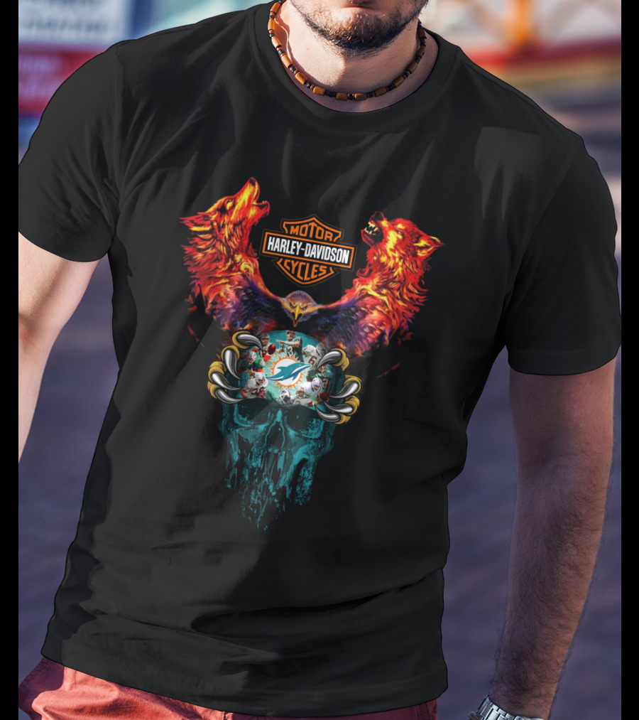 Harley Davidson Motor Cycles Miami Dolphins Wolves And Skull T-Shirt