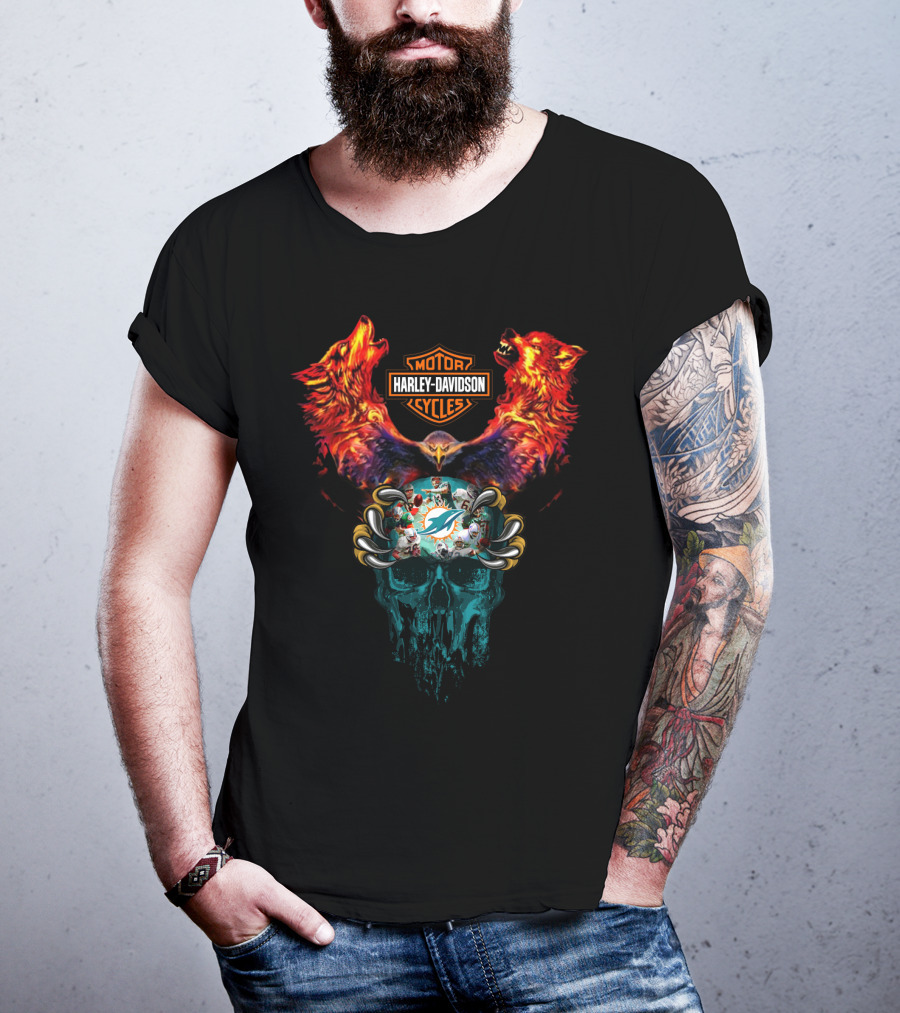 Harley Davidson Motor Cycles Miami Dolphins Wolves And Skull T-Shirt