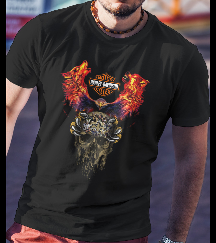 Harley Davidson Cycles With Wolves And New Orleans Saints Skull T-Shirt