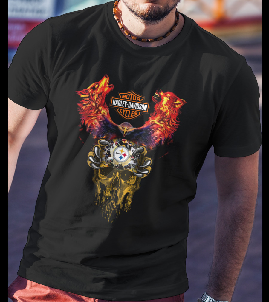 Harley Davidson Motor Cycles Pittsburgh Steelers Wolf Skull T-Shirt
