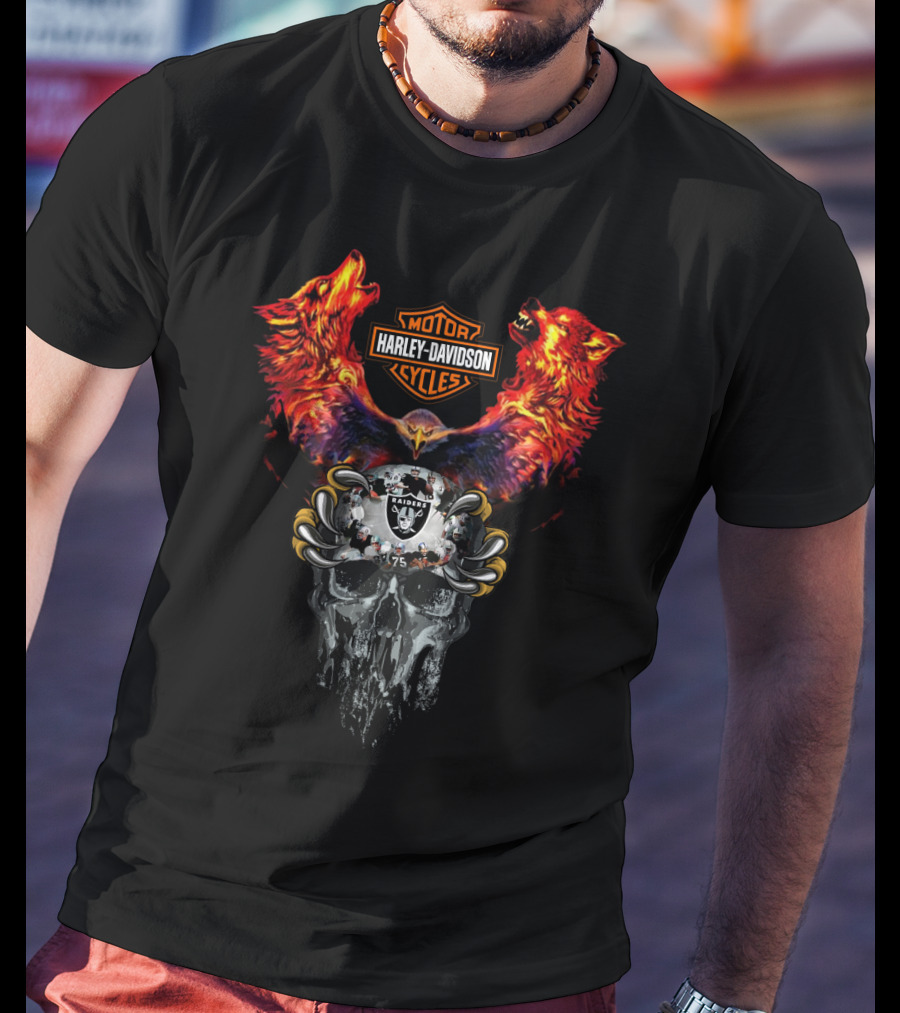 Or Harley Davidson Raiders 75 Skull Eagle Wolves T-Shirt