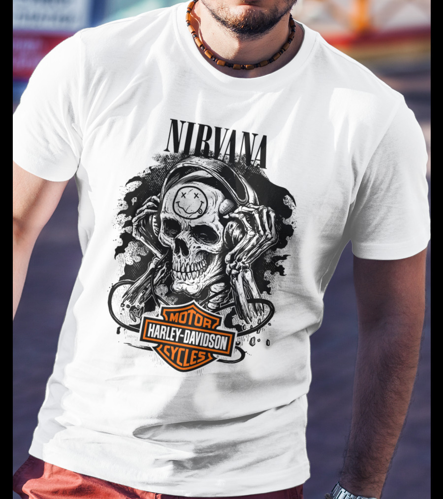 Nirvana Harley Davidson Skull With Headphones T-Shirt
