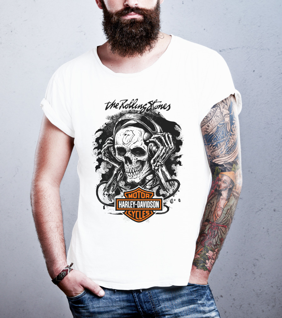 The Rolling Stones Harley Davidson Motor Cycles Skull Art T-Shirt