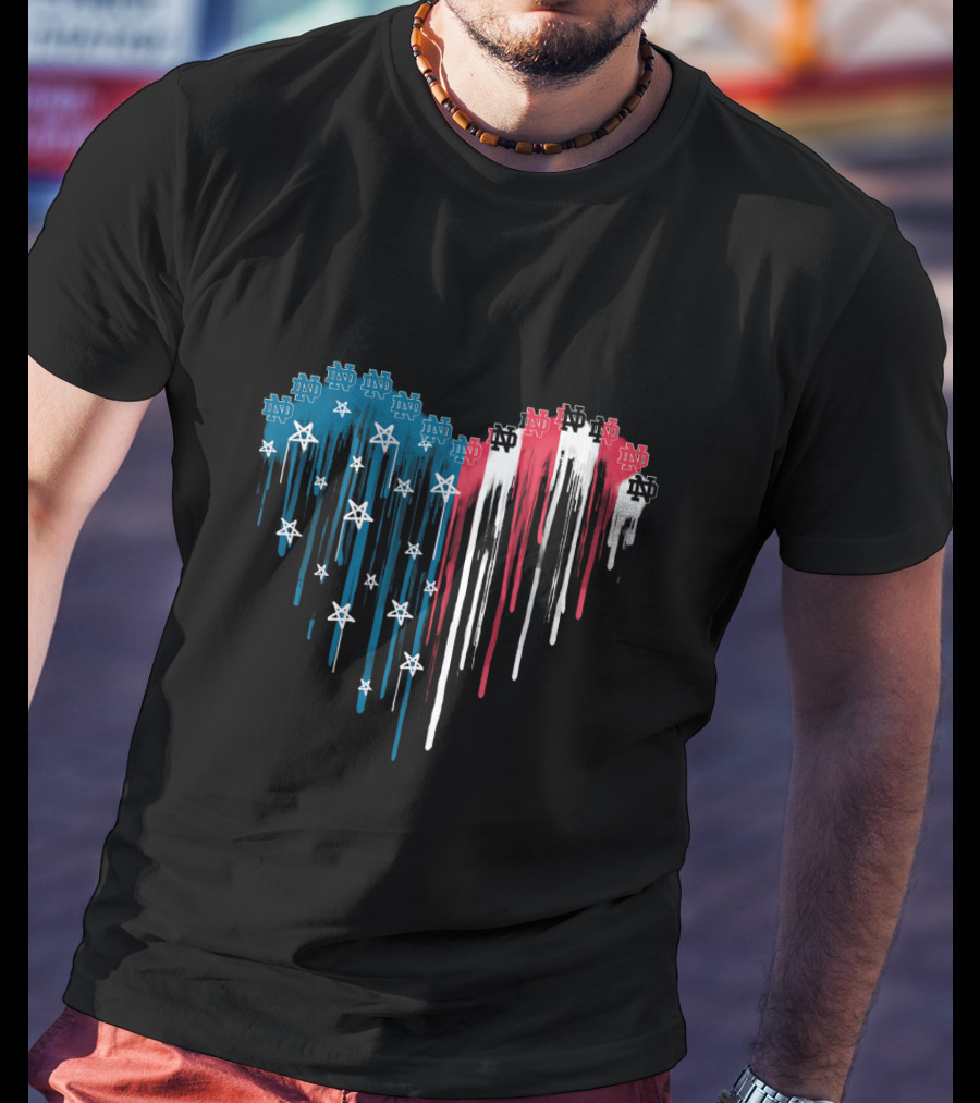 Notre Dame Fighting Irish Heart With Stars And Nd Logos Dripping In Red White And Blue T-Shirt