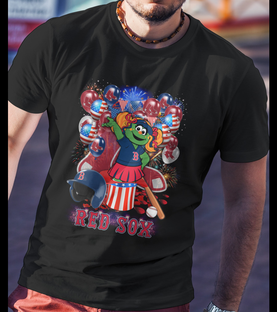 Boston Red Sox Patriotic Mascot Celebration Baseball Balloons Fireworks T-Shirt