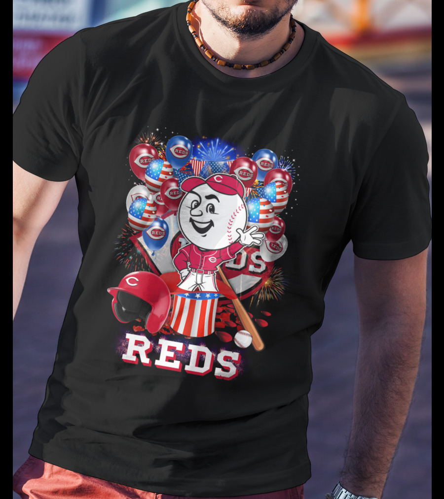 Mlb Cincinnati Reds Baseball Mascot Celebration With Fireworks And Patriotic Details T-Shirt