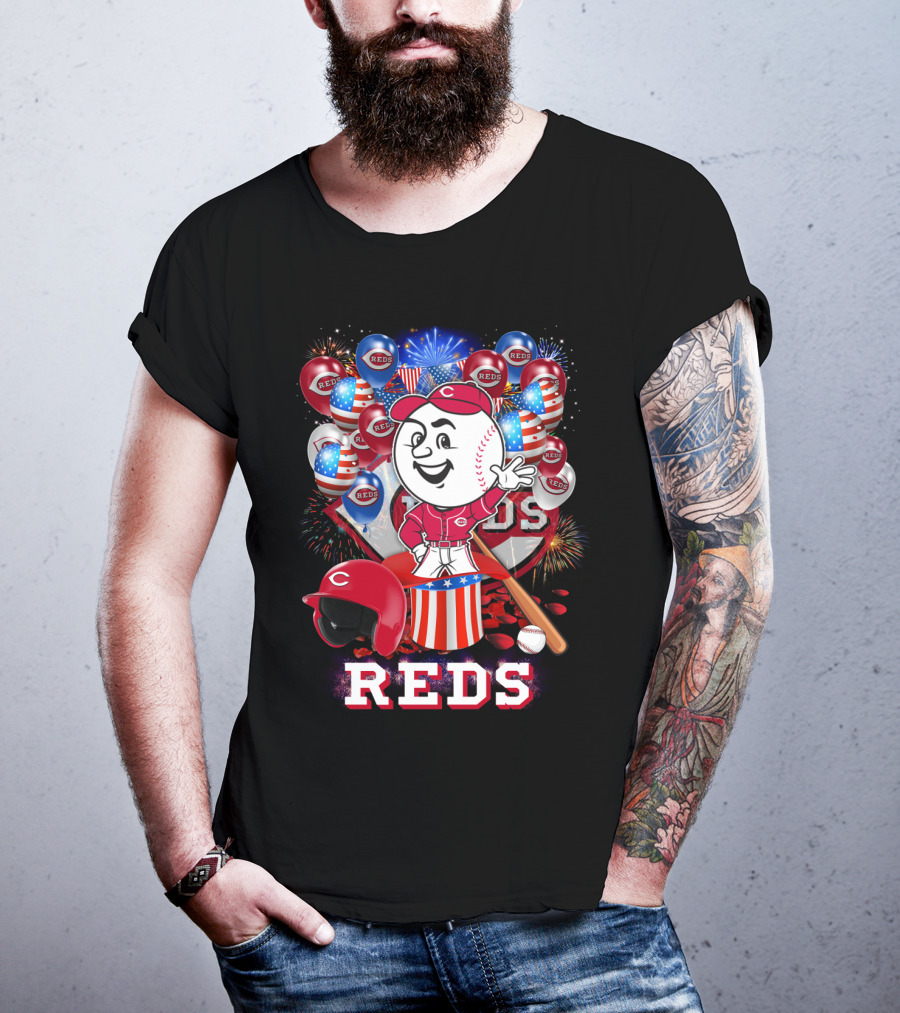 Mlb Cincinnati Reds Baseball Mascot Celebration With Fireworks And Patriotic Details T-Shirt