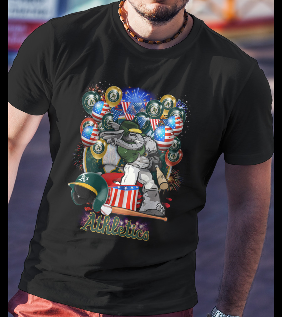 Mlb Oakland Athletics Fireworks Celebration With American Flags And Baseball Elements T-Shirt