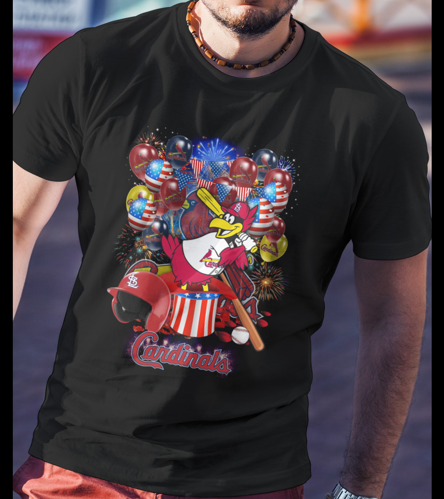 St Louis Cardinals Patriotic Fireworks And Balloons T-Shirt