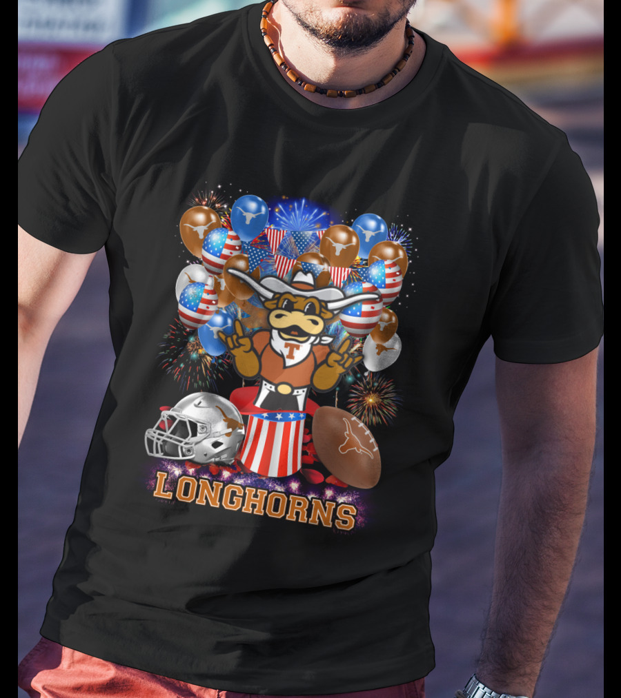 Ncaa Texas Longhorns Mascot Fireworks Balloons Helmet Football T-Shirt