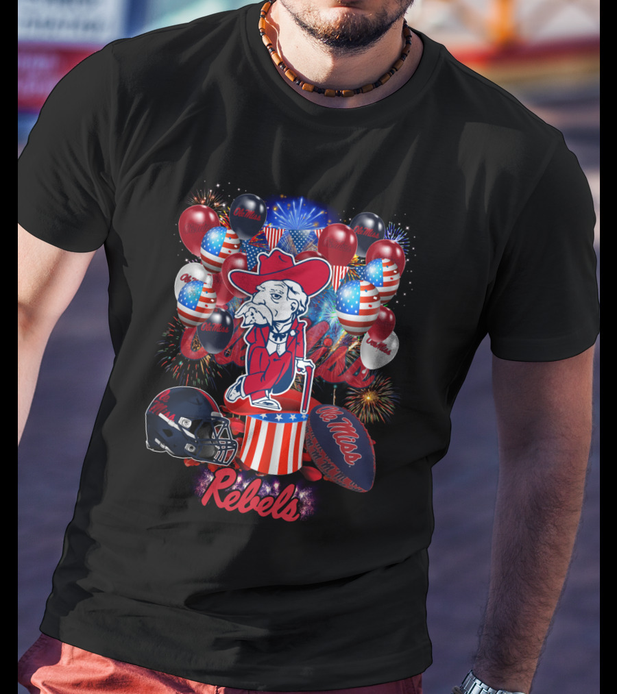 Ncaa2 Ole Miss Rebels Patriotic Balloons Fireworks Football Helmet Colonel Mascot Celebration T-Shirt