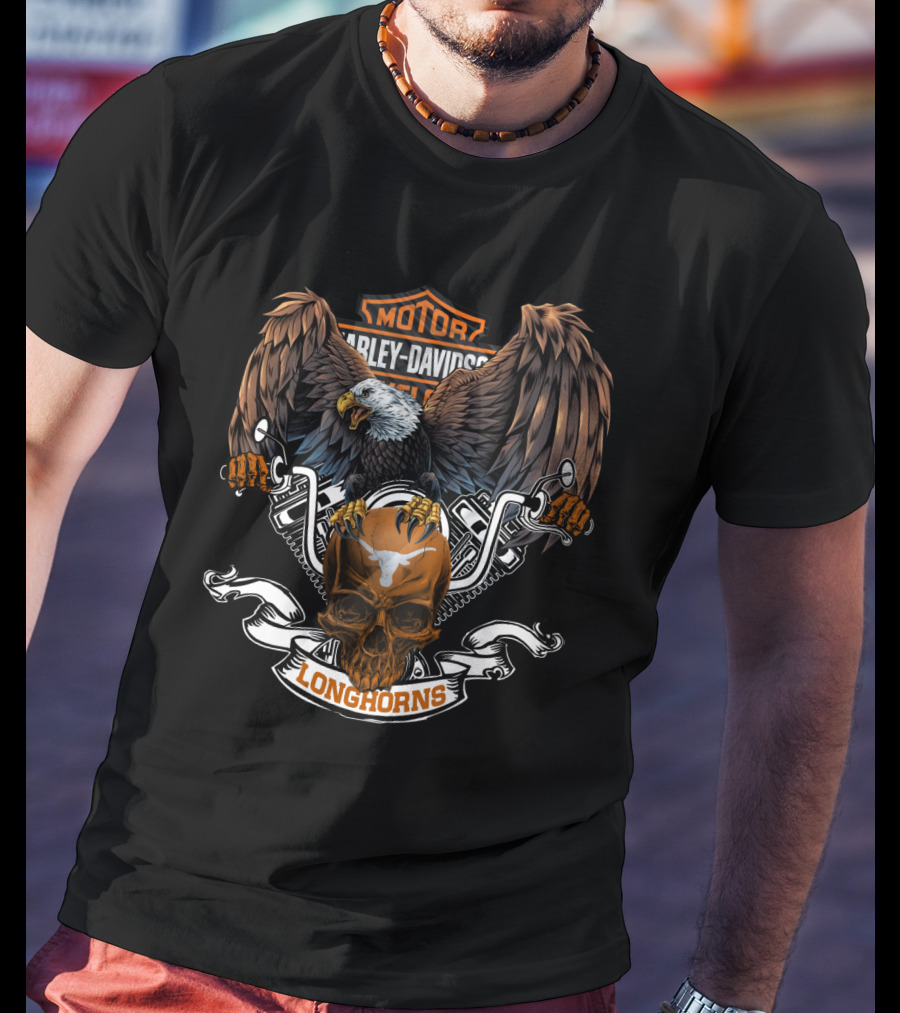 Ncaa Texas Longhorns Eagle Skull Harley Davidson Motor T-Shirt