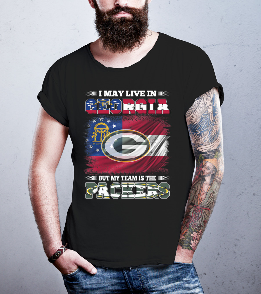 I May Live In Georgia But My Team Is The Packers Georgia Flag Green Bay T-Shirt