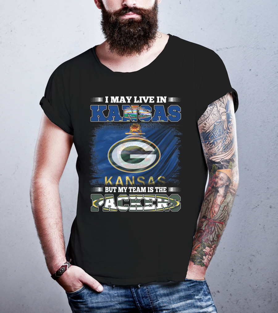 I May Live In Kansas But My Team Is The Packers Featuring Kansas Flag And Green Bay T-Shirt
