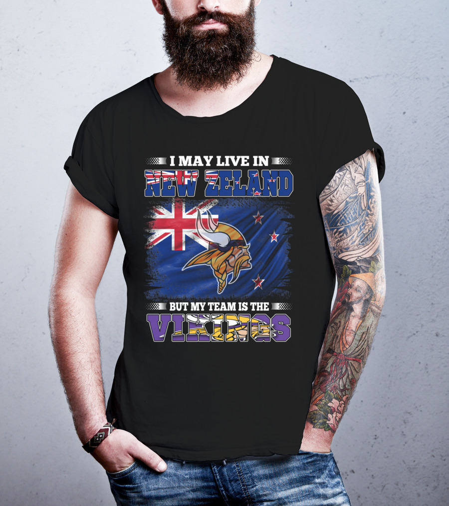 I May Live In New Zeland But My Team Is The Vikings Flag With New Zealand Flag And Viking Helmet T-Shirt